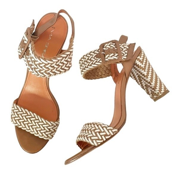 Via Spiga Woven Leather Heeled Ankle Strap Sandal Tan & White Women’s Size 9.5 - Picture 2 of 12
